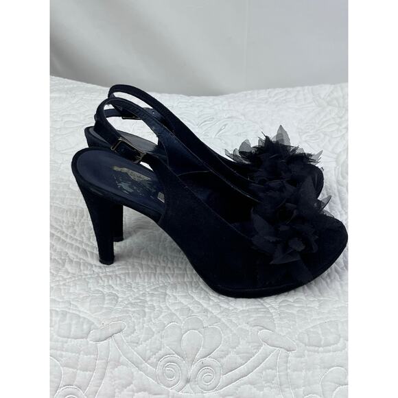 Gino Vaello Women's Size 7 Black Suede Sling Back Peek A Boo Toe Heel Pumps - Picture 7 of 10
